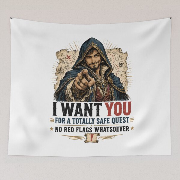 Item preview, Totally Safe Quest Rogue Recruitment Parody Design designed and sold by Fenay Designs.