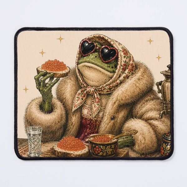 Item preview, Vintage Slavic Girl Frog Red Caviar Babushka Scarf and Fur Coat designed and sold by BeataPrint.