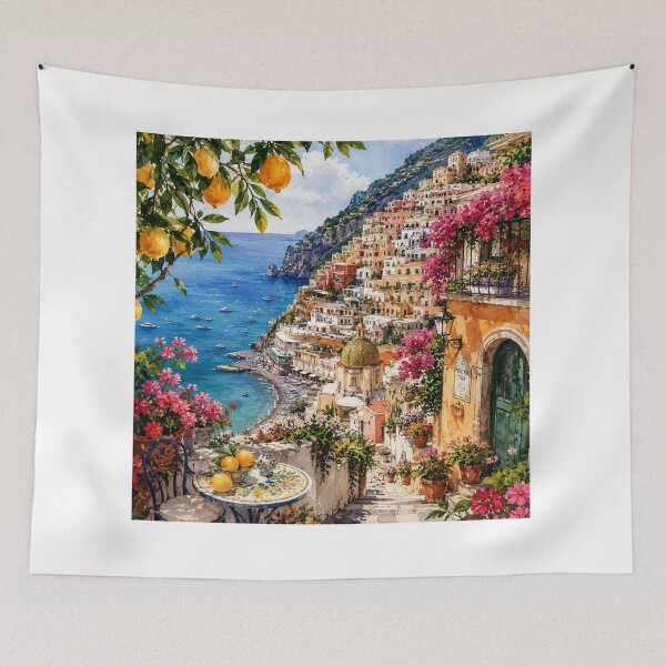 Item preview, Positano Amalfi Coast Watercolor Art Print | Italian Coastal Village Wall Art | Mediterranean Travel Painting | Lemon Tree Seascape Decor designed and sold by Dreamy Ocean Art.