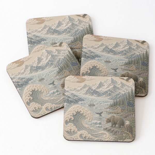 Item preview, Alaska Wilderness Landscape Print with Glacier Mountains and Ocean Waves designed and sold by TheSlowShore.
