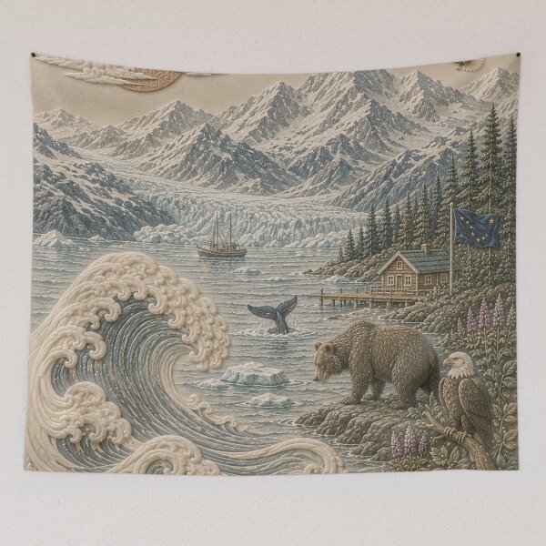 Item preview, Alaska Wilderness Landscape Print with Glacier Mountains and Ocean Waves designed and sold by TheSlowShore.