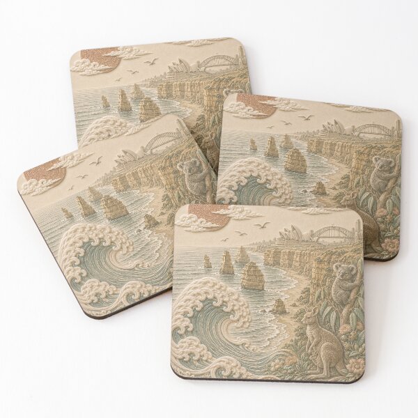 Item preview, Australia Coastal Relief Landscape Art Print | Great Ocean Road, Sydney Opera House, Kangaroo & Koala Wall Art designed and sold by TheSlowShore.