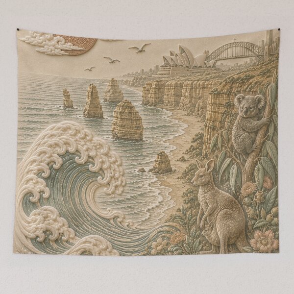 Item preview, Australia Coastal Relief Landscape Art Print | Great Ocean Road, Sydney Opera House, Kangaroo & Koala Wall Art designed and sold by TheSlowShore.