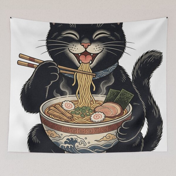 Item preview, Ukiyo-e Smiling Black Cat Eating Ramen designed and sold by vekotpu.