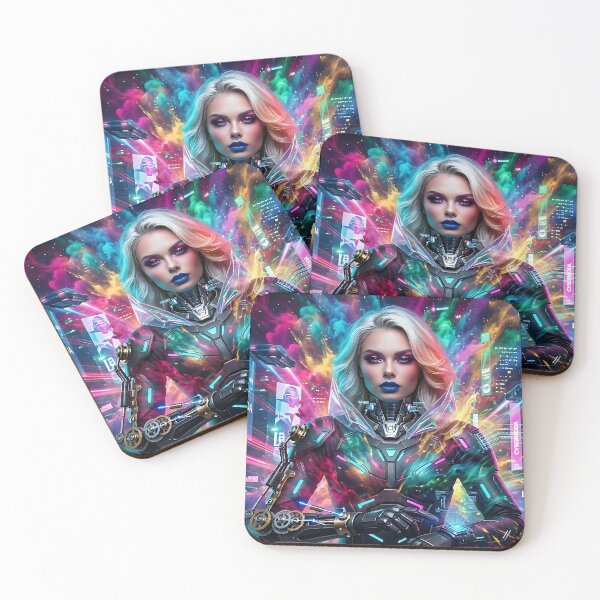 Item preview, Cybernetic Woman in Vibrant Neon Futuristic Cityscape designed and sold by ToxicInkArt.