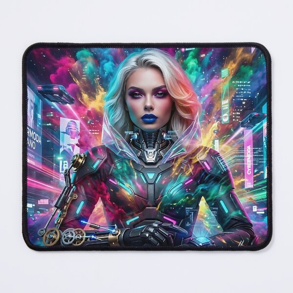 Item preview, Cybernetic Woman in Vibrant Neon Futuristic Cityscape designed and sold by ToxicInkArt.