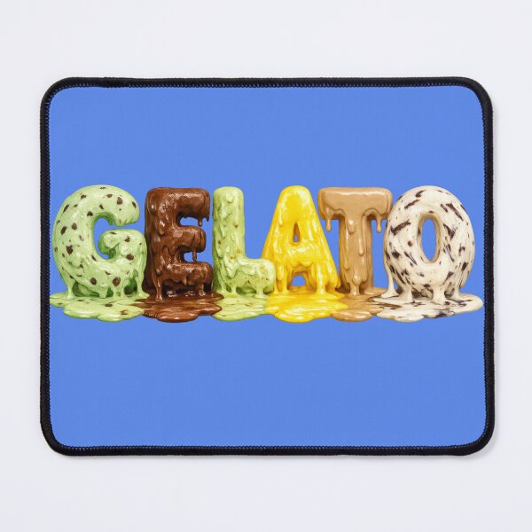Artikelvorschau, Geschmolzenes GELATO in Form des Wortes Gelato, Buchstaben aus Minz-Schokoladenstückchen, reichhaltiger Schokolade, Pistazie, spritziger Zitrone, cremigem Kaffee und Stracciatella. Alles schmilzt und vermischt sich am Boden. entworfen und verkauft von shorethings.