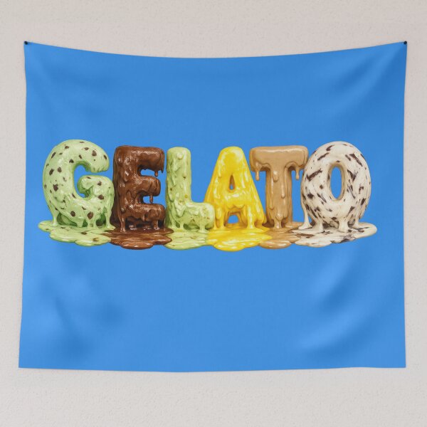 Item preview, Melting GELATO in the shape of the word gelato, letters made with mint‑chip, rich chocolate, pistachio, bright lemon, creamy coffee and stracciatella.  All melting and mixing together at the bottom. designed and sold by shorethings.