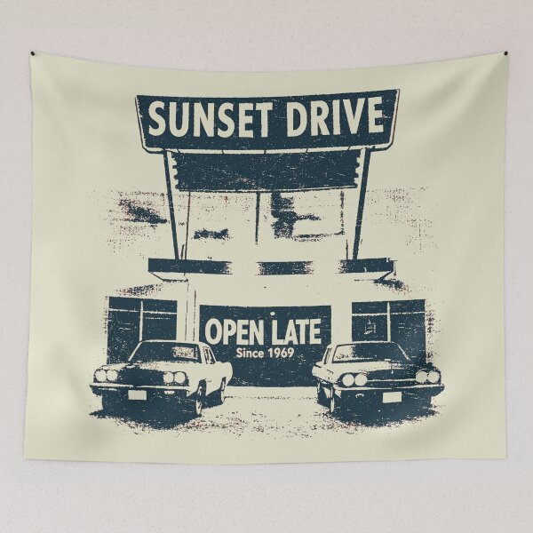 Item preview, 1969 Route Sunset Drive-In Garage Distressed Vintage designed and sold by EdGraphy.