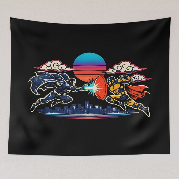 Item preview, Neon Retro Synthwave Ukiyo‑E Superhero Showdown designed and sold by KungPowUnicorn.