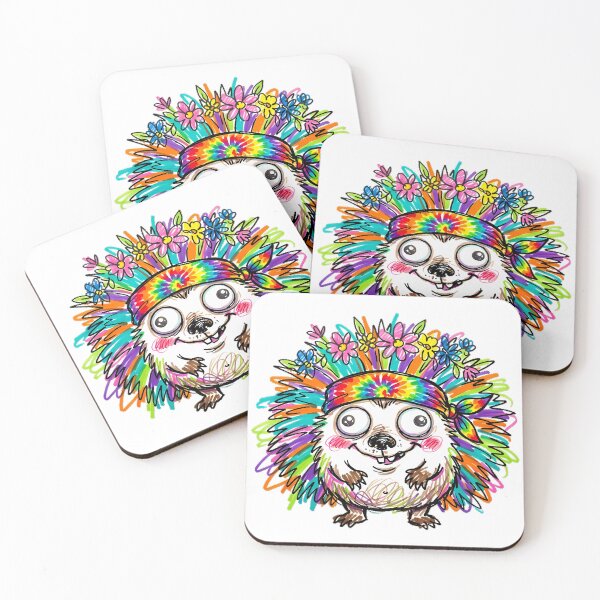 Item preview, Funny Silly Hedgehog Hippie Vibe Flower Crown & Tie Dye Bandana Whimsical Marker Art designed and sold by Thanakorn Prasing.