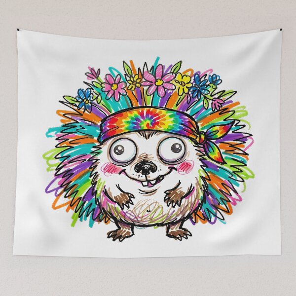 Item preview, Funny Silly Hedgehog Hippie Vibe Flower Crown & Tie Dye Bandana Whimsical Marker Art designed and sold by Thanakorn Prasing.