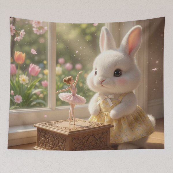 Item preview, Cute Bunny with Vintage Ballerina Music Box – Cozy Spring Window Magical Rabbit Art designed and sold by lovelistivkaa.