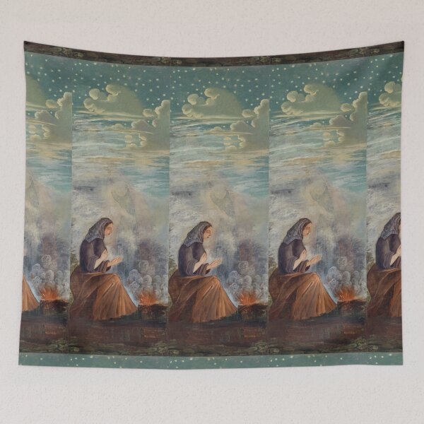 Item preview, Woman Warming Hands by Winter Fire at Night designed and sold by artofuniverse.