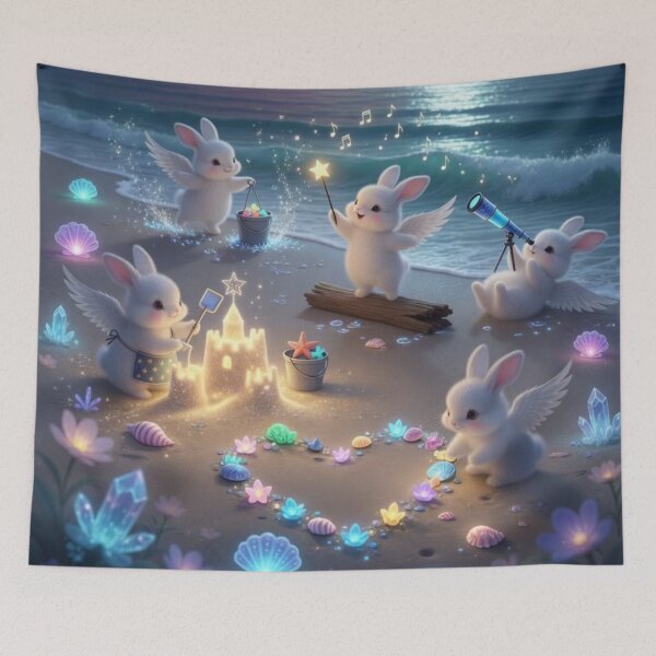 Item preview, Cute Angel Bunnies on Magical Aurora Beach – Northern Lights Whimsical Fantasy Art designed and sold by lovelistivkaa.