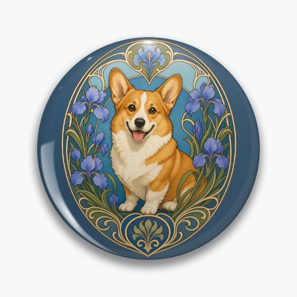 Item preview, Happy Corgi Dog Art Nouveau Iris Floral Art designed and sold by AntiqueImages.