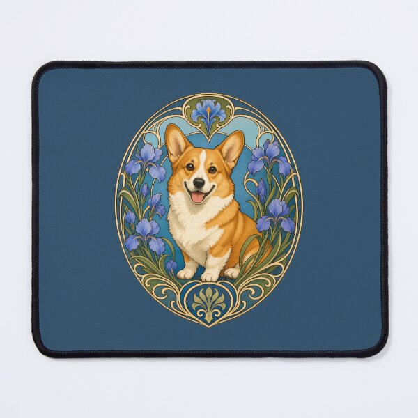 Item preview, Happy Corgi Dog Art Nouveau Iris Floral Art designed and sold by AntiqueImages.