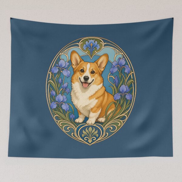 Item preview, Happy Corgi Dog Art Nouveau Iris Floral Art designed and sold by AntiqueImages.