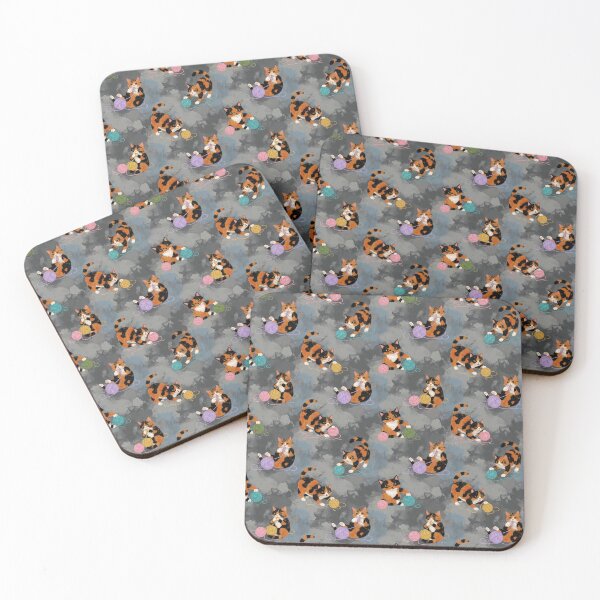 Item preview, Calico Cats with Yarn Seamless Pattern - Playful Tortoiseshell Kitty Design on Gray Background designed and sold by Pioneer Spirit Market.