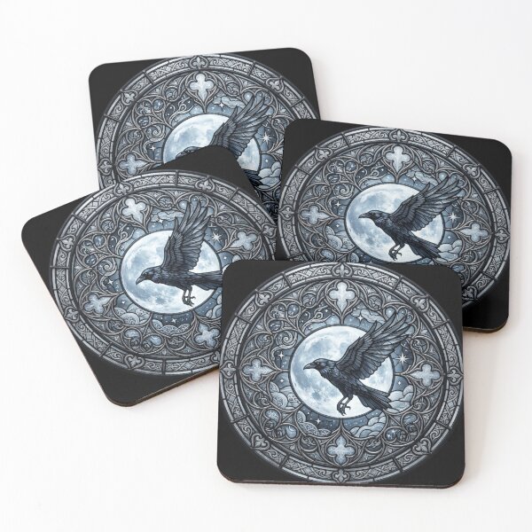 Item preview, Raven Full Moon Stained Glass — Gothic Night Blue Silver designed and sold by David Mateo ArtWorks.