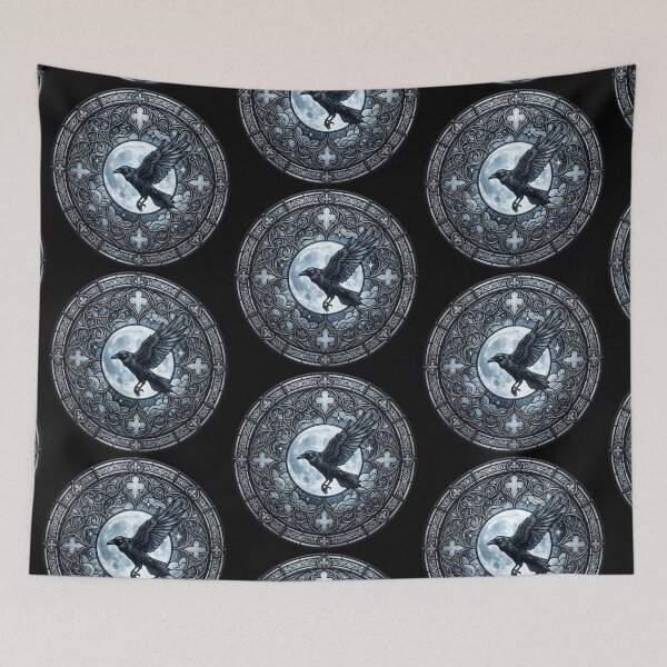 Item preview, Raven Full Moon Stained Glass — Gothic Night Blue Silver designed and sold by David Mateo ArtWorks.