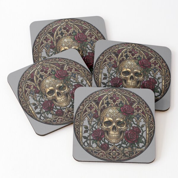 Item preview, Skull Roses Golden Stained Glass — Gothic Romantic Memento Mori designed and sold by David Mateo ArtWorks.