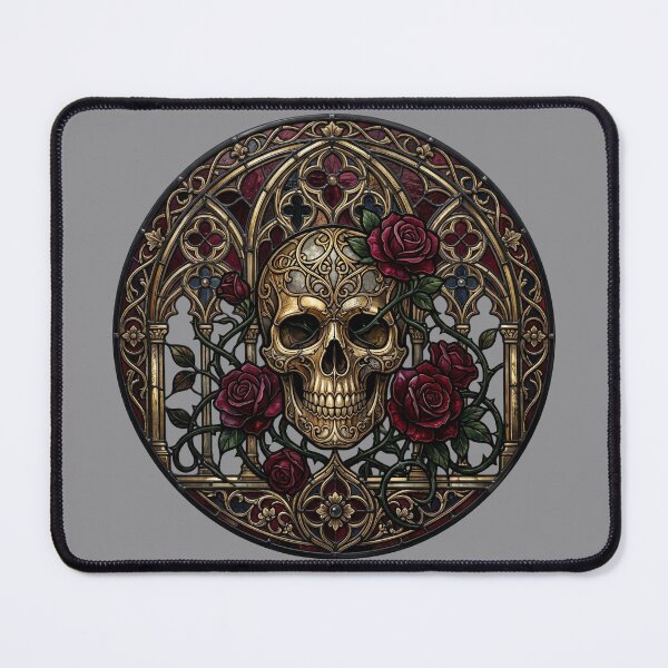 Item preview, Skull Roses Golden Stained Glass — Gothic Romantic Memento Mori designed and sold by David Mateo ArtWorks.