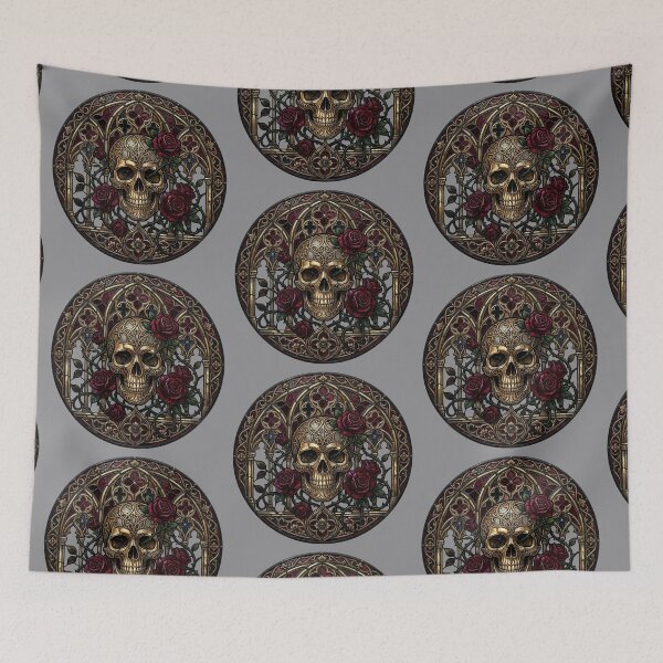 Item preview, Skull Roses Golden Stained Glass — Gothic Romantic Memento Mori designed and sold by David Mateo ArtWorks.