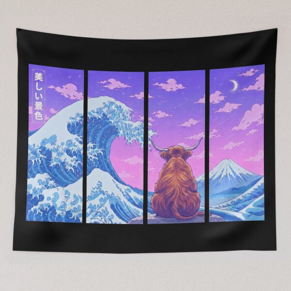 Item preview, Funny Scottish Highland Cow Japanese Kanagawa Wave Vapor Japan Boys Girls Kids designed and sold by FurryHavenPH.