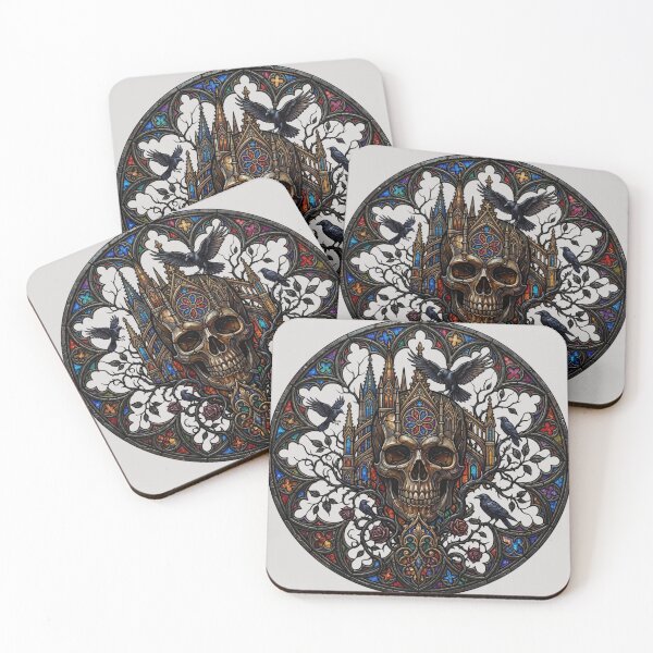 Item preview, Skull Cathedral Ravens Stained Glass — Gothic Multicolor Architecture designed and sold by David Mateo ArtWorks.