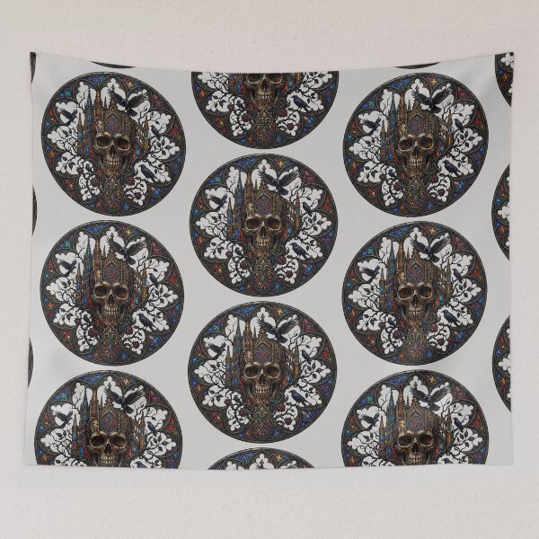 Item preview, Skull Cathedral Ravens Stained Glass — Gothic Multicolor Architecture designed and sold by David Mateo ArtWorks.