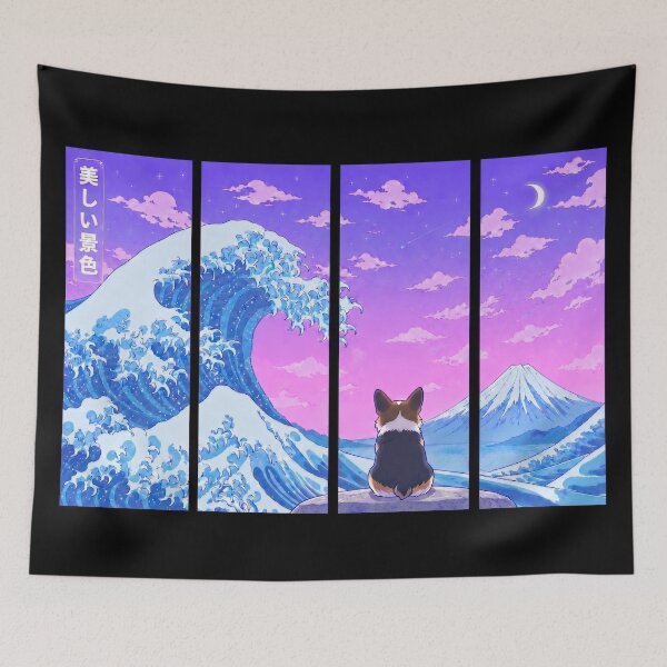 Item preview, Funny Tri Color Corgi Japanese Kanagawa Wave Vapor Japan Boys Girls Kids designed and sold by FurryHavenPH.