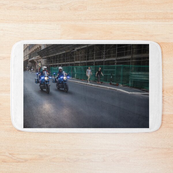 Item preview, City Police Motorcycle Patrol With Flashing Blue Lights Riding Past Pedestrians By Construction Site designed and sold by Nmallia.