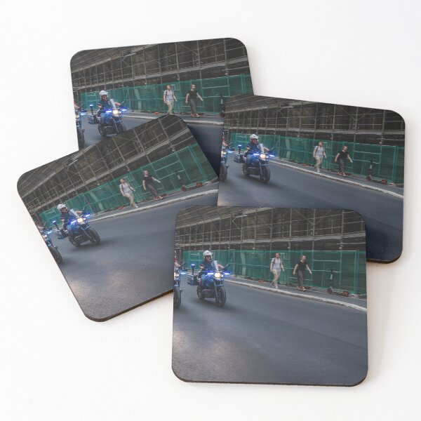 Item preview, City Police Motorcycle Patrol With Flashing Blue Lights Riding Past Pedestrians By Construction Site designed and sold by Nmallia.
