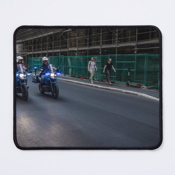 Item preview, City Police Motorcycle Patrol With Flashing Blue Lights Riding Past Pedestrians By Construction Site designed and sold by Nmallia.