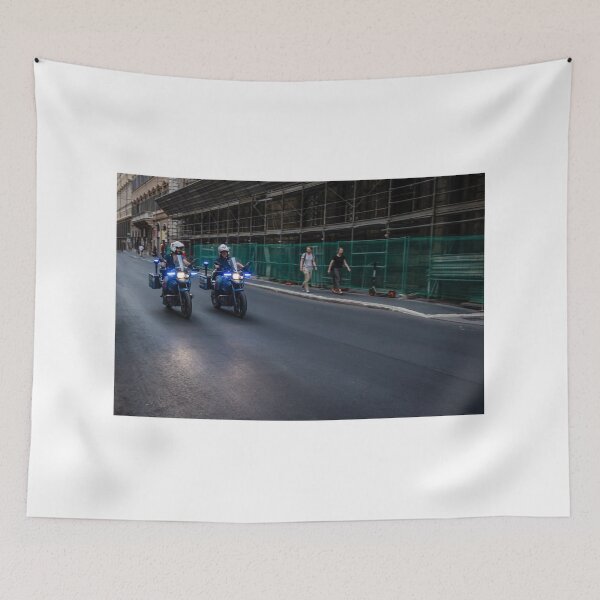 Item preview, City Police Motorcycle Patrol With Flashing Blue Lights Riding Past Pedestrians By Construction Site designed and sold by Nmallia.