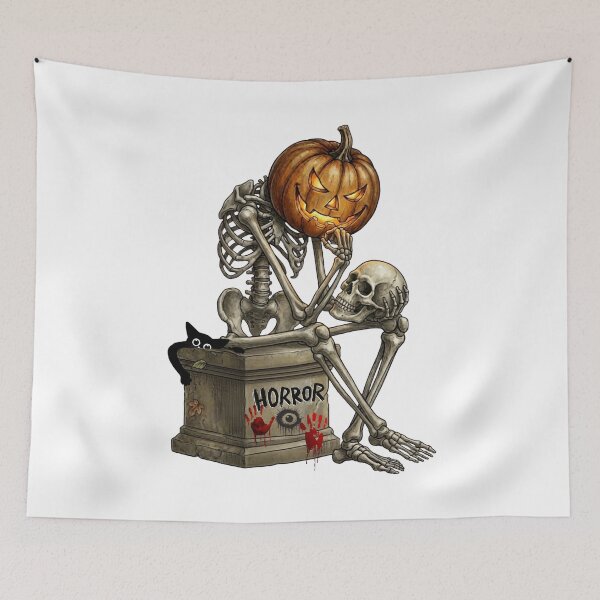 Item preview, Halloween illustration of a thinking skeleton with a pumpkin head designed and sold by VibranPalette.