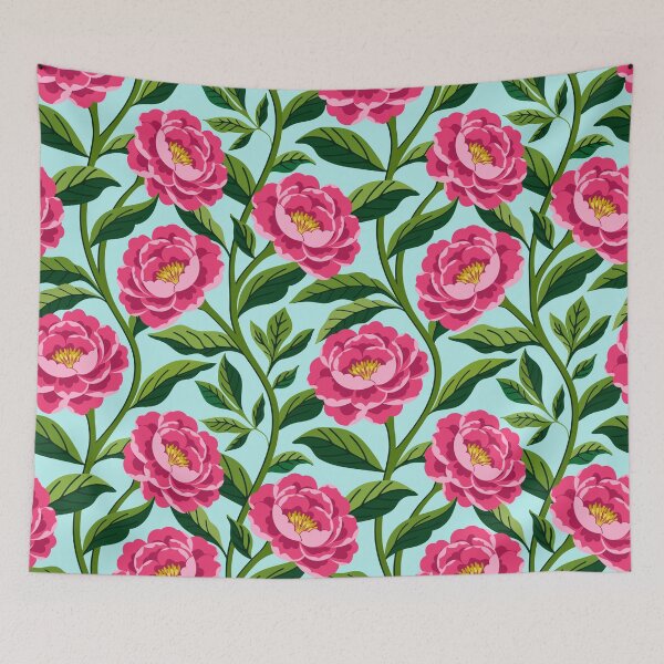 Item preview, Pink peony flowers on light blue designed and sold by Jennifer Ladd.