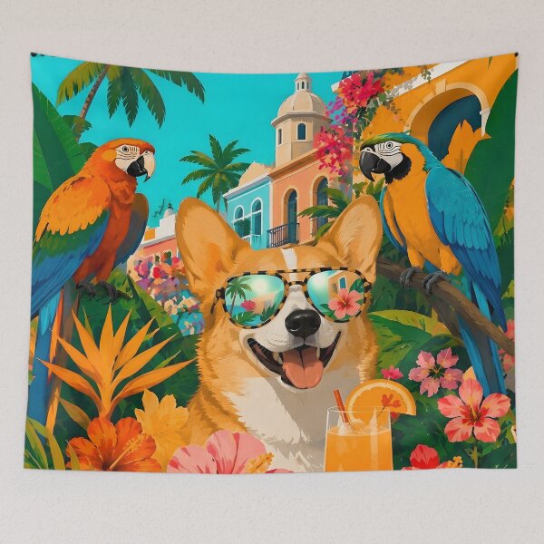 Item preview, Cute Corgi Cuba Havana Vacation Parrot Poster Art designed and sold by K Design Store.