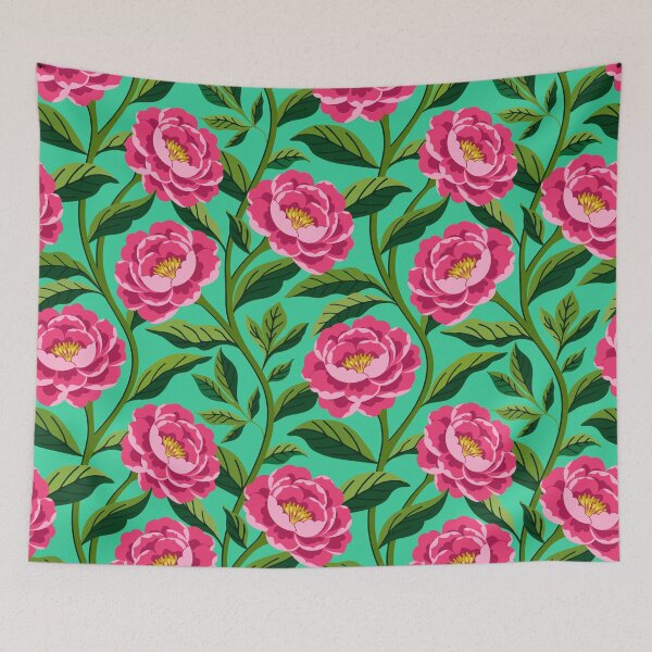 Item preview, Pink peony flowers on turquoise designed and sold by Jennifer Ladd.