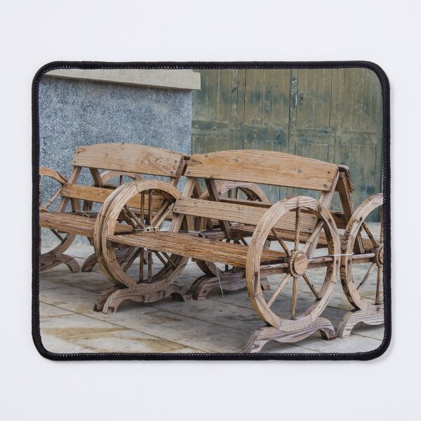 Item preview, Pair of Wooden Wagon Wheel Benches on Rustic Outdoor Courtyard Seating designed and sold by Nmallia.
