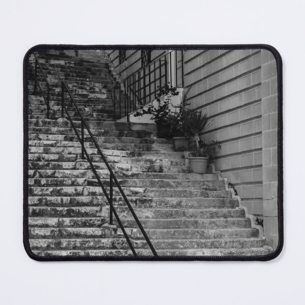 Item preview, Weathered Stone Steps With Iron Railing Beside Historic Urban Building In Monochrome designed and sold by Nmallia.