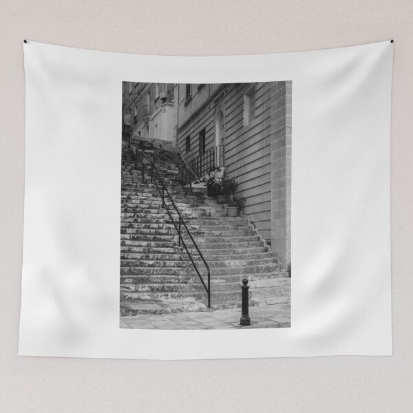 Item preview, Weathered Stone Steps With Iron Railing Beside Historic Urban Building In Monochrome designed and sold by Nmallia.