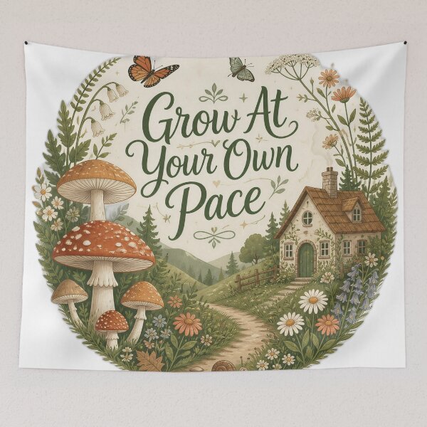 Item preview, Grow At Your Own Pace - Whimsical Cottagecore Mushroom Botanical Art designed and sold by eliaquim.