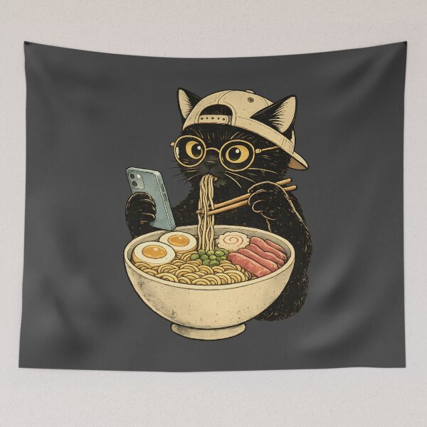 Item preview, Ramen Cat Scrolling Funny Black Cat designed and sold by Atlas Inkworks.