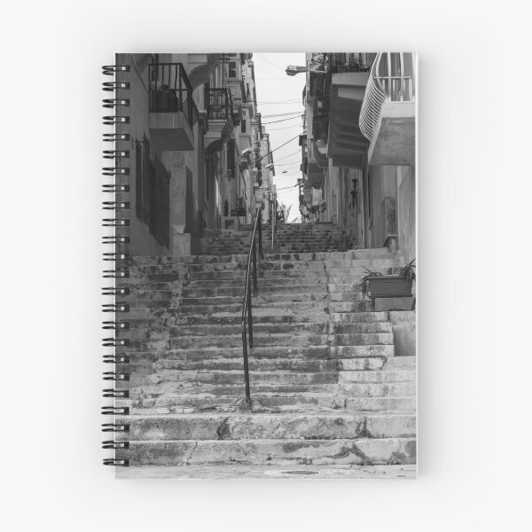 Item preview, Weathered Stone Steps With Iron Railing Beside Historic Urban Building In Monochrome designed and sold by Nmallia.