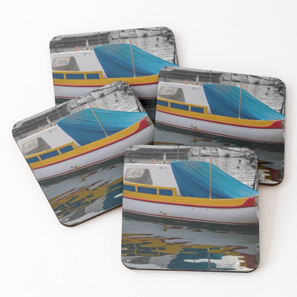 Item preview, Colorful Small Fishing Boat Docked in Harbor With Blue Cover and Water Reflection designed and sold by Nmallia.