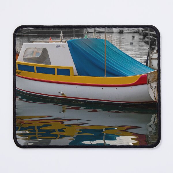 Item preview, Colorful Small Fishing Boat Docked in Harbor With Blue Cover and Water Reflection designed and sold by Nmallia.