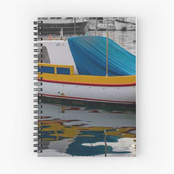 Item preview, Colorful Small Fishing Boat Docked in Harbor With Blue Cover and Water Reflection designed and sold by Nmallia.