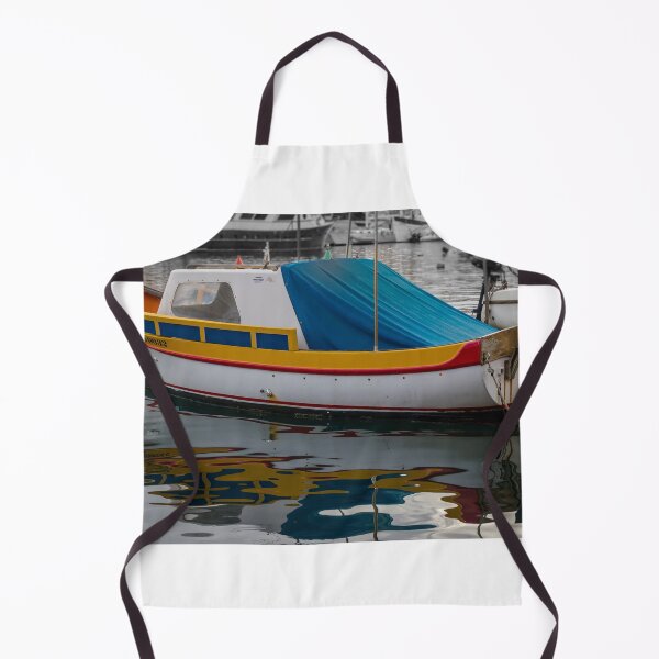 Item preview, Colorful Small Fishing Boat Docked in Harbor With Blue Cover and Water Reflection designed and sold by Nmallia.